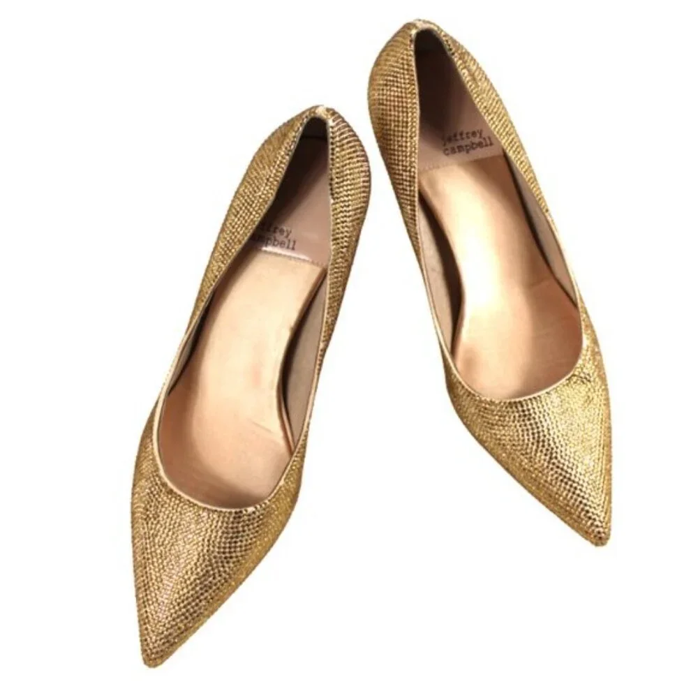 Jeffrey Campbell Nikia Gold Rhinestone Crystal Pointed Toe Stiletto Heels Size 7
